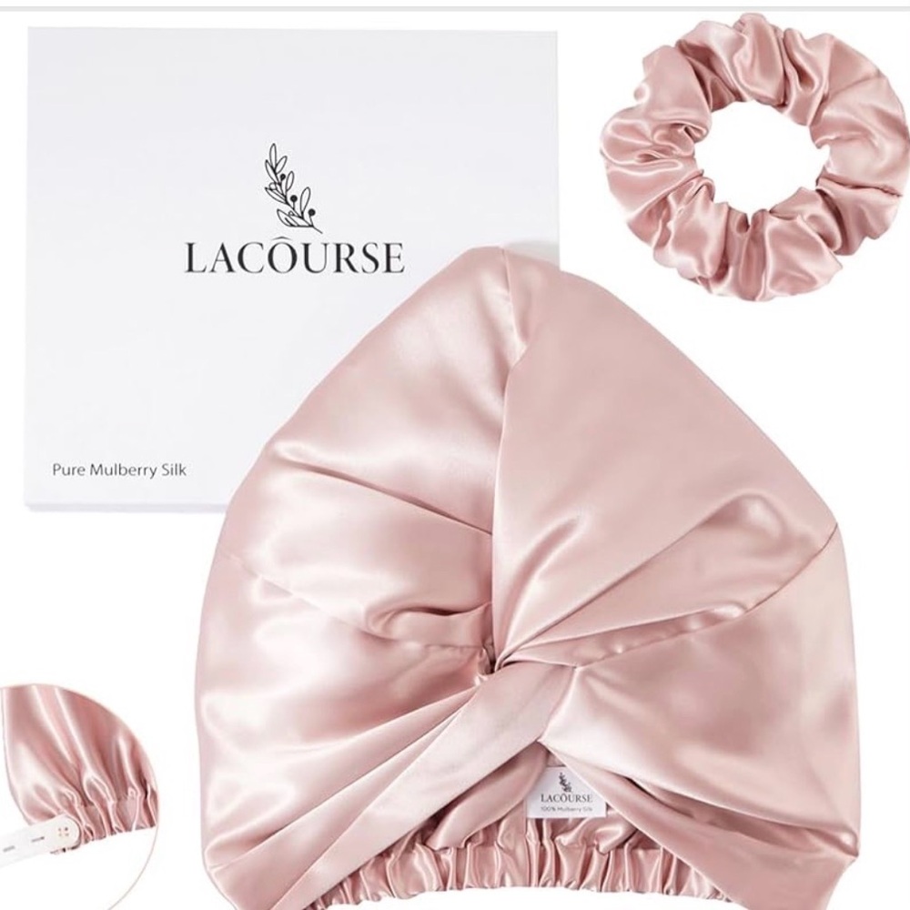 Lacourse Pink Silk bonnet and Scrunchie Set